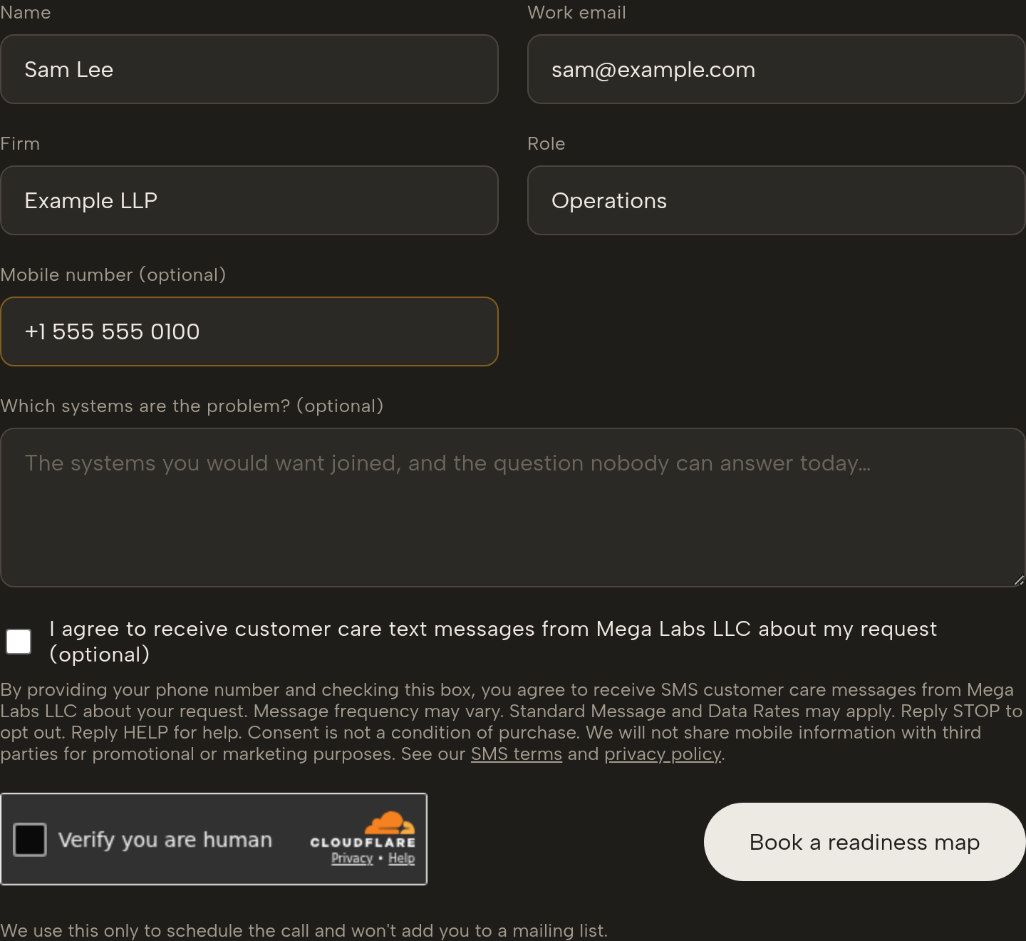 The request form with the optional SMS consent checkbox